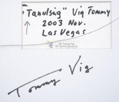 Tommy Vig (1938-): Tanulság. Vegyes technika, papír, jelzett a hátoldalán. Üvegezett fakeretben. 23x...