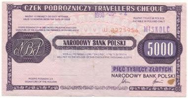 Lengyelország 1990. 5000Zl "Lengyel Nemzeti Bank" utazási csekk, "Miskolc" felülbélyegzéssel T:F Poland 1990. 5000 Złotych "Narodowy Bank Polski" travellers cheque with "Miskolc" overprint C:F