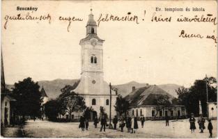 1918 Szucsány, Sjucsány, Sucany; Evangélikus templom és iskola. Strelinger József kiadása / Lutheran church and school (fl)