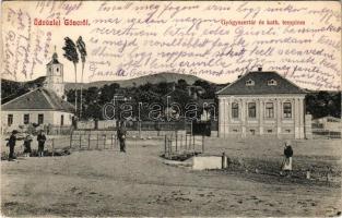 1909 Gönc, Gyógyszertár és katolikus templom. Wohl Ármin kiadása (fa)