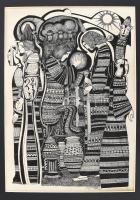 Lajos Ferenc (1912-1998): Társaság, 1984. Tus, papír, jelzett, paszpartuban, 33,5×23,5 cm