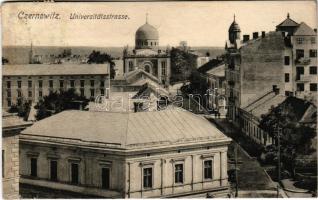 1916 Chernivtsi, Czernowitz, Cernauti, Csernyivci (Bukovina, Bucovina, Bukowina); Universitätsstrasse. Verlag Leon König / University Street, synagogue (r)