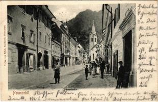 1902 Trzic, Neumarktl; street view, church, shops. Verlag v. Frdch. Raitharek (fa)