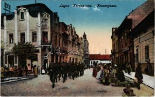 Lugos, Lugoj; Korona utca, piac, katonák / street, market, soldiers (EK)