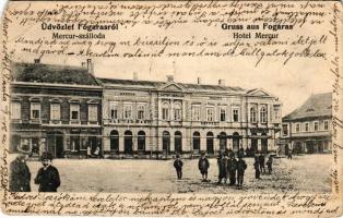 1906 Fogaras, Fagaras; Mercur szálloda, étterem és kávéház, Radler Antal fodrász és borbély terme, üzlete. Nehrer A. kiadása / square, hotel, restaurant, café, barbershop, shops (EM)