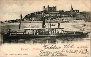 1905 Pozsony, Pressburg, Bratislava; Dunaparti részlet, "POZSONY" gőzüzemű csavaros személyhajó. Bediene dich allein / Donau Partie / Danube riverside, steamship