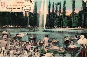 1905 Buziásfürdő, Baile Buzias; Szent Antal kút és tó részlet, montázs babákkal és gólyákkal. Francz Testvérek kiadása + hátoldalon titkosírás / fountain, lake, montage with children and storks + cryptography on the backside (EK)