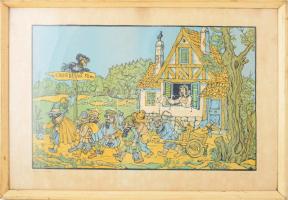 Gácsi Mihály (1926-1987). Hófehérke. Színes linómetszet, papír. Jelzett. Üvegezett fakeretben, 32,5×...