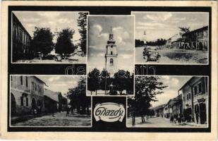 1932 Gnézda, Gnazdy, Gnazdá, Kniesen, Hniezdne; utcaképek, autó, templom, üzlet / streets, automobile, church, shop (EK)