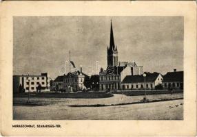 1942 Muraszombat, Murska Sobota; Szabadság tér, templom, országzászló. Bencsecz Ferenc kiadása / square, church, Hungarian flag (kis szakadás / small tear)