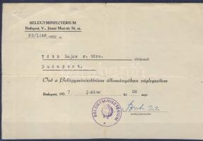 1957 Belügyminisztériumi véglegesítés Biszku Béla aláírásával