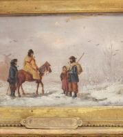 J. W. (?) jelzéssel, feltehetően XIX. sz. második fele: Téli találkozás. Olaj, fatábla. 13,5x16,5 cm...