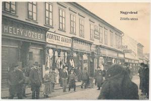 Nagyvárad, Oradea; Zöldfa utca, Helfy József, Kertész Sándor, Helyfi László, Stern, Réti, Weisz üzlete, Fonciere pesti biztosító intézet főügynöksége / street view, shops, insurance company (vágott / cut)