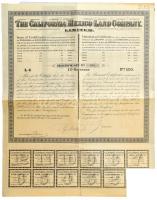 Amerikai Egyesült Államok 1888. "The California (Mexico) Land Company" 4 Pound / 10 Frankról névértékről, 10 hektárra szóló értékpapír szárazpecséttel, "870" sorszámmal ellatott tanúsítvánnyal T:F szép papír, folt, régi ár megjelölés ceruzával USA 1888. "The California (Mexico) Land Company" 4 Pound / 10 Francs value for 10 hectares with dry stamp and certificate with "870" serial number C:F nice paper, spot, old price marking in pencil