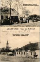 1910 Lajtakáta, Gata, Gattendorf; Ringbauer vegyeskereskedése, üzlet, templom, iskola, Kozary vendéglője / Gemischtwarenhandlung, Gasthaus, Kirche, Schule / shop, restaurant, hotel, church, school