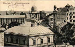 1916 Chernivtsi, Czernowitz, Cernauti, Csernyivci (Bukovina, Bucovina, Bukowina); Universitätsstrasse. Verlag Leon König / University Street, synagogue (EK)