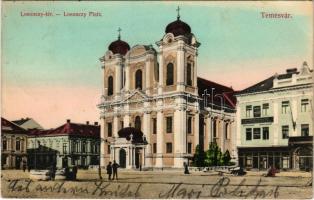 Temesvár, Timisoara; Losonczy tér, templom, Dél-Magyarországi Gazdasági Bank, üzletek / square, church, bank, shops (EK)