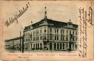 1902 Temesvár, Timisoara; Józsefváros, Kossuth Lajos utca, Takarékpénztár, üzletek. H. P. Günther utóda kiadása / street view, savings bank, shops (EK)