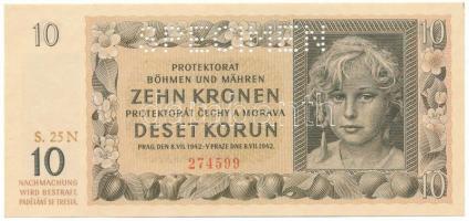 Német Harmadik Birodalom / Cseh-Morva Protektorátus 1942. 10K "S. 25 N 274599", "SPECIMEN (MINTA)" perforációval T:AU German Third Reich / Protectorate of Bohemia and Moravia 1942. 10 Korun "S. 25 N 274599" with "SPECIMEN" perforation C:AU Krause 8.s