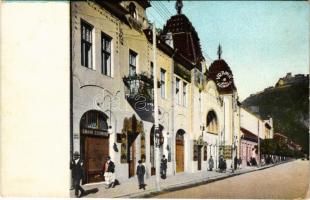 1913 Déva, Városi színház, Uránia mozgószínház (mozi), Emann Zsigmond üzlete, vár. Hirsch Adolf kiadása / theatre, cinema, shops, castle (EK)