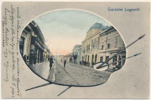 1906 Lugos, Lugoj; utca, Strasser kávéház, üzletek. Auspitz Adolf kiadása, szecessziós montázs festő ecsetekkel és palettával / street view, café, shops. Montage with painter's palette and brushes + "ORSOVA - BUDAPEST 76. SZ." vasúti mozgóposta bélyegző (fl)