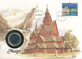 Norvégia 1988. 1K Cu-Ni felbélyegzett borítékban, bélyegzéssel, német nyelvű leírással T:UNC patina Norway 1988. 1 Krone Cu-Ni in envelope with stamp, cancellation and a prospectus in german C:UNC patina