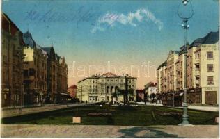 1925 Temesvár, Timisoara; Cetate, Sirul Lloydului cu teatrul / belváros, Lloydsor színház, villamos, tér, S. Metz üzlete. Deutschen Buchhandlung kiadása / Innere Stadt, Lloyd Theater / inner city, theater, tram, square, shops