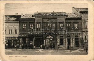 Kolozsvár, Cluj; Deák Ferenc utca télen, Grand kávéház, Spácsek Ferenc, Hilf Moritz üzlete, Stief Jenő és Társa papíráruháza, nyomda és saját kiadása / street view in winter, café, shops, publishing house (EK)