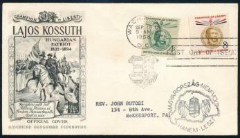 1958 USA Kossuth 2 db bélyeg FDC-n, ezzel az ábrával nagyon ritka boríték