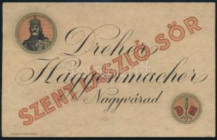 "Dreher Haggencmacher Nagyvárad, Szent László Sör", Nagyvárad, "Pallas", sörcímke, a hátoldalán későbbi bejegyzéssel, 8x12 cm