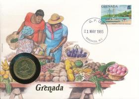 Kelet-Karibi Államok / Grenada 1981. 1$ Al-bronz felbélyegzett borítékban, bélyegzéssel, német nyelvű leírással T:AU patina East Caribbean States / Grenada 1981. 1 Dollar Al-bronze in envelope with stamp and cancellation, with German description C:AU patina