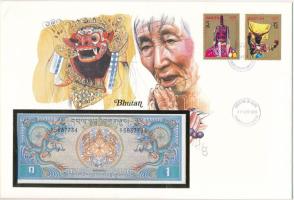 Bhutan 1N DN (1981-1985). felbélyegzett borítékban, bélyegzéssel T:UNC Bhutan ND (1981-1985). 1 Ngultrum in envelope with stamp and cancellation C:UNC