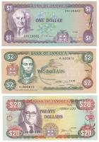 Jamaika 1990. 1$ + 1993. 2$ + 1996. 20$ T:AU, egyiken tűzőgéplyuk Jamaica 1990. 1 Dollar + 1993. 2 Dollars + 1996. 20 Dollars C:AU, one with stapler holes Krause P#68A, P#69, P#72