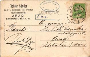 1909 Arad, Lyceum. Hátoldalon Pichler Sándor papír-, papíráru- és írószer nagykereskedő reklámja / s...