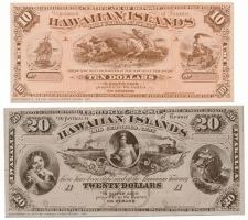 Hawaii DN(1879-1880) 20$ mintájára készült "COPY" jelzéssel ellátott replika + DN(1895) 10$ mintájára készült "COPY" jelzéssel ellátott replika (a másolatot a Hawaii Paper Money INC. készítette 1977-ben) T:AU Hawaii ND(1879-1880) 20 Dollars replica with "COPY" mark + ND(1895) 10 Dollars replica with "COPY" mark (made by Hawaii Paper Money INC. in 1977) C:AU