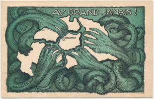 1920 Népeinkkel fizetni számláitokat? Soha! Soha! / Au Grand Jamais! / Hungarian irredenta art postcard (ázott / wet damage)