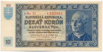 Szlovákia 1939. 10K "SPECIMEN" perforációval, "Ba 51 233501" T:AU / Slovakia 1939. 10 Korun with "SPECIMEN" perforation, "Ba 51 233501" C:AU Krause 4.s