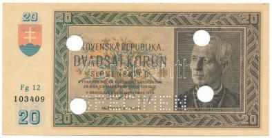 Szlovákia 1939. 20K "SPECIMEN" perforációval, "Fg 12 103409", lyukasztásokkal érvénytelenítve T:XF Slovakia 1939. 20 Korun with "SPECIMEN" perforation, "Fg 12 103409", cancelled by holes C:XF Krause 5.