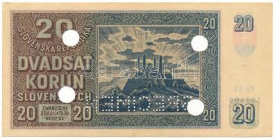 Szlovákia 1939. 20K "SPECIMEN" perforációval, "Fg 12 103409", lyukasztásokkal ér...