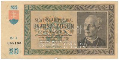 Szlovákia 1939. 20K "SPECIMEN" perforációval, "Bc 4 065183" T:F Slovakia 1939. 20 Korun with "SPECIMEN" perforation, "Bc 4 065183" C:F Krause 5.