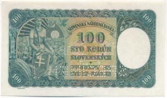 Szlovákia 1940. 100K "SPECIMEN" perforációval, "C6 551398" T:AU / Slovakia 1940....