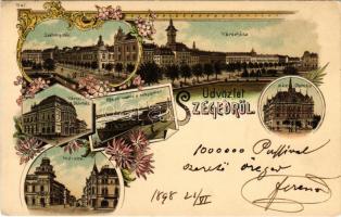 1898 (Vorläufer) Szeged, Széchenyi tér, Városháza, Városi színház, Közúti vashíd a rakparttal, Híd utca, MÁV palotája. Art Nouveau, floral, litho (EK)