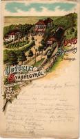 1900 Budapest XII. Svábhegy, Fogaskerekű vasút végállomása, vasútállomás, szálloda, Szakál László üzlete. Kellner &amp; Mohlrüder Art Nouveau, floral, litho (EK)