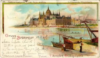 1898 (Vorläufer) Budapest V. Új Országház főhomlokzata, evezős csónakok a Dunán, pesti rakpart "Kereskedés" hajóval. F. Schmuck 389. litho (fa)