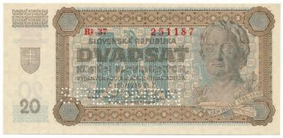 Szlovákia 1942. 20K "SPECIMEN (MINTA)" perforációval, "Rs 37 251187" T:AU / Slovakia 1942. 20 Korun with "SPECIMEN" perforation, "Rs 37 251187" C:AU Krause P#7