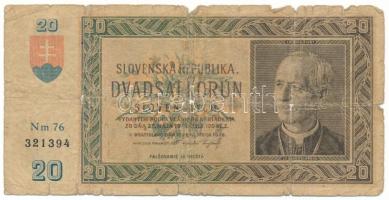 Szlovákia 1939. 20K T:VG,G Slovakia 1939. 20 Korun C:VG,G Krause P#5