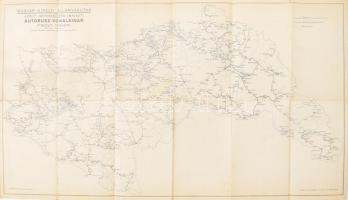 cca 1941 Magyar Királyi Államvasutak közúti gépkocsiüzem (MÁVAUT) autóbusz-vonalainak és vasúti hálózatának átnézeti térképe, kétoldalas térkép, tervezte: Tallián Ferenc, 1 : 400.000, Bp., Magyar Földrajzi Intézet R.T., rajta a visszatért felvidéki, kárpátaljai, erdélyi és délvidéki területekkel, 58,5x33 cm