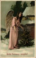 1911 Boldog karácsonyi ünnepeket / Christmas greeting art postcard with angel and Christmas tree. SB 2180H. litho (EK)