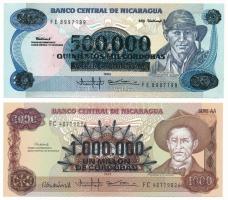 Nicaragua 1990. 20C fekete "500.000C" felülbélyegzéssel + 1000C fekete "1.000.000C" felülbélyegzéssel T:AU-XF sarokhajlás Nicaragua 1990. 20 Cordobas with black "500.000 Cordobas" overprint + 1000 Cordobas with black "1.000.000 Cordobas" overprint C:AU-XF folded corner Krause P#163, P#164