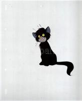 1985 Dargay Attila (1927-2009): A Szaffi c. rajzfilm, eredeti, Dargay által rajzolt macska figurája. Film, tus 24x27 cm Hozzá annak a filmkockának a kézzel rajzolt háttere. Akvarell, papír. 29x20 cm